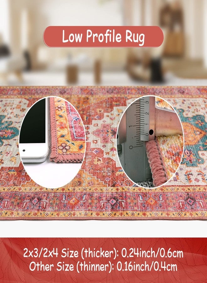Moynesa Ultra-Thin Washable Pink Area Rug - 2x3 Small Pink Washable Bedroom Rug Entry Mat, Vintage Non-Slip Non-Shedding Low Pile Indoor Throw Carpet for Laundry Living Room Hardwood Floors Kitchen - Image 4